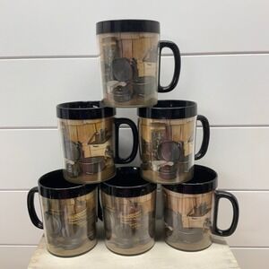 Vintage Thermo-Serv West Bend Insulated Mugs Set of 6 Rustic Cast Iron Scene USA